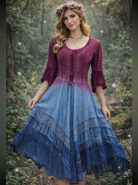 Fashion Terminal Boho fairy Core lace up embroidered ombré dress